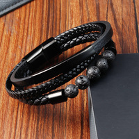 Bracelet en perles de pierre volcanique naturelle, bracelet multi-couches en cuir tressé et acier inoxydable avec fermoir magnétique, modèle