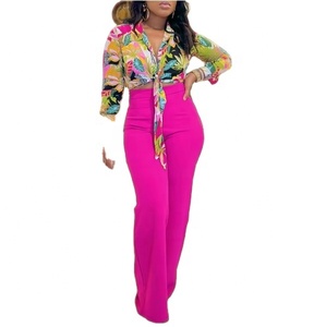 Conjunto de 2 Piezas para Mujer, Estilo Casual Europeo Americano, Camisa Holgada con Cuello en V y Estampado Otoñal, Transpirable, de Manga Larga, y Pantalones Anchos - Product Image 1