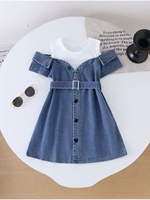 Ensemble de vêtements pour enfants en deux pièces, robe courte à manches courtes en denim patchwork de style européen/américain + ceinture