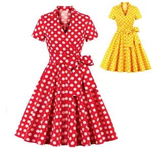 Plus Size X-4XL Vintage Polka Dot Dress for Women Short Sleeve V-Neck Swing Belt 50s 60s Pin Up Rockabilly Party Dress Vestidos