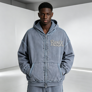 Custom Vintage Washed Blue Zip Up <b>Hoodie</b> <b>Gothic</b> Embroidery Logo Raw Frayed Edge Pearl Stud Decor Oversized Men Punk Streetwear - Product Image 5