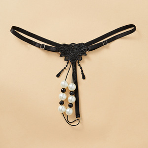 Tanga para mujer de talla grande, color negro y blanco, con cuentas, de fibra de poliéster tejida, solo lavar a mano. - Product Image 4