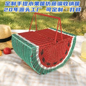 Panier de rangement personnalisé pour articles divers, panier de pique-nique en imitation rotin tressé motif pastèque, panier à fruits portable - Product Image 5