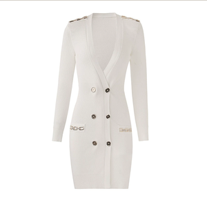 Elegante <span class=keywords><strong>Abito</strong></span> Cardigan in Maglia a Coste <span class=keywords><strong>Blu</strong></span> Chiaro con Scollo a V e <span class=keywords><strong>Doppio</strong></span> <span class=keywords><strong>Petto</strong></span>, Maniche Lunghe, Vestibilità Slim, per Ufficio, Lunghezza Midi - Product Image 2
