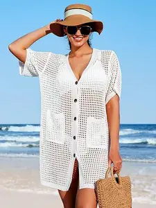 Baju renang musim panas, kardigan rajut wanita dengan kancing menurun di pantai