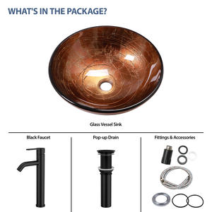 Récipient rond en verre avec drain escamotable <span class=keywords><strong>de</strong></span> 17 pouces en verre trempé argenté Lavabo <span class=keywords><strong>de</strong></span> salle <span class=keywords><strong>de</strong></span> bain en forme <span class=keywords><strong>de</strong></span> <span class=keywords><strong>bateau</strong></span> Éviers à bol à montage supérieur - Product Image 4