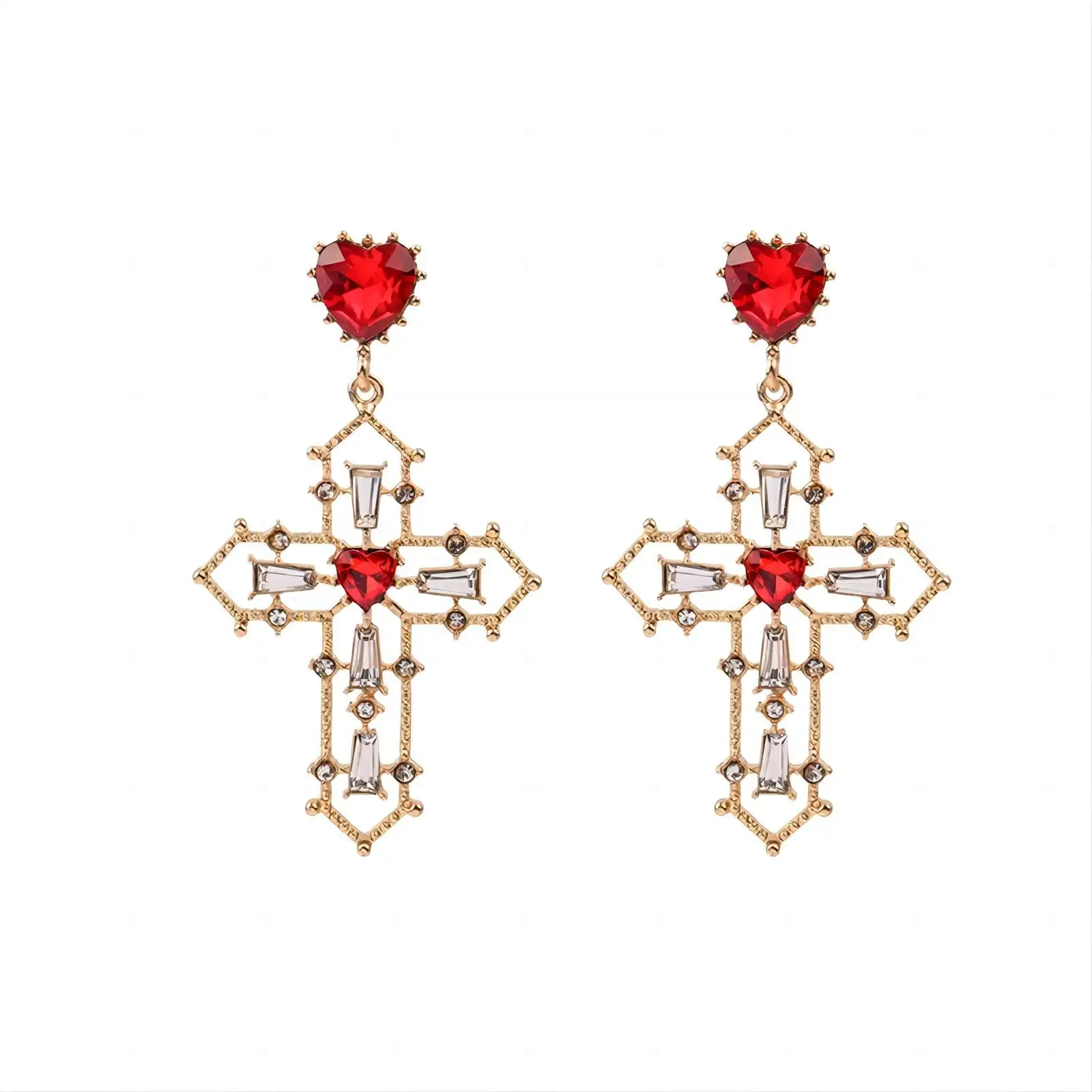 New Vintage Red Heart Crystal Ruby Baroque Pendant Rhinestone Dangle Cross Drop Earrings for Women
