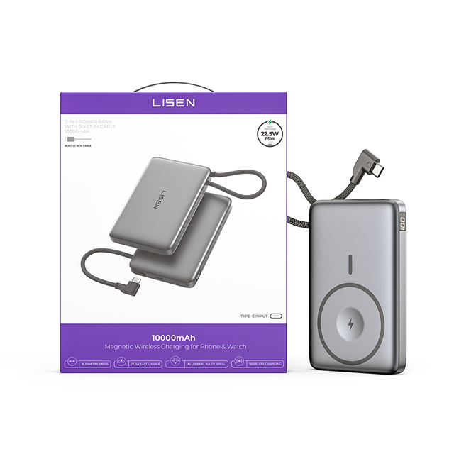 LISEN Magnetic Wireless Power Bank Fast Charging 10000mAh Digital Display Powerbank with Built in Cable for iPhone 16 Pro Max