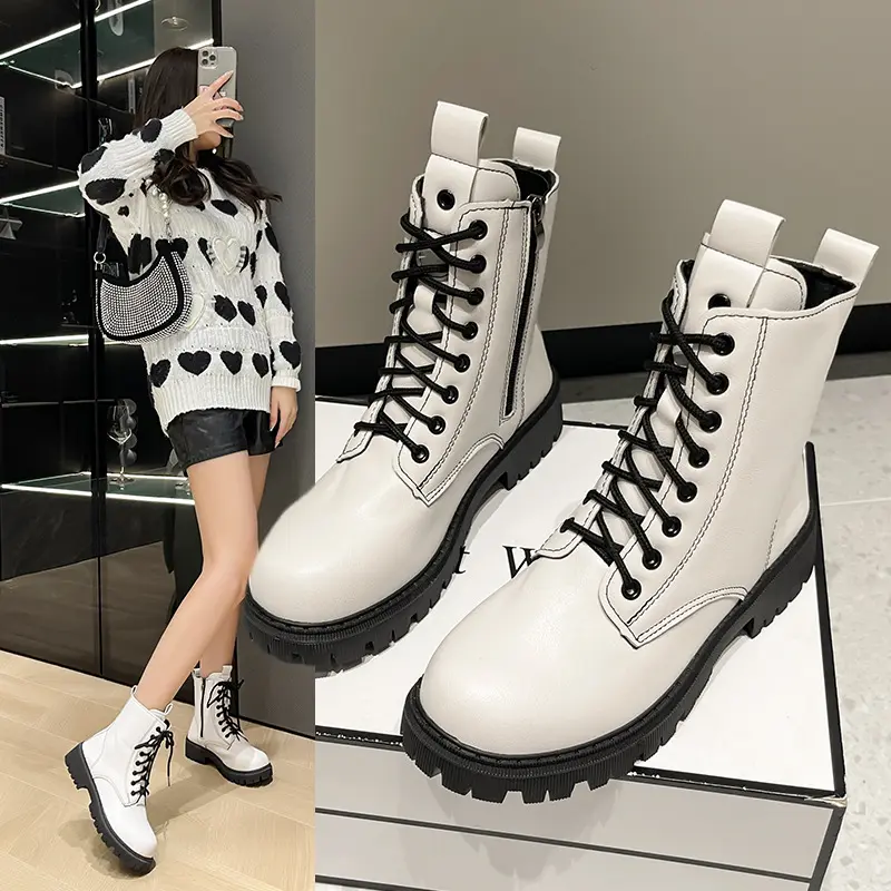 Sepatu Bot Martin Putih Sol Tebal Wanita Musim Gugur dan Musim Dingin Peningkatan Ritsleting Booties