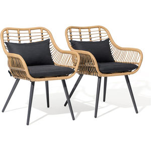 Ensemble de <span class=keywords><strong>2</strong></span> chaises de salle à manger en rotin d'extérieur avec coussins, accoudoirs, cadre en fer pour balcon, véranda, pelouse et jardin - Product Image 1