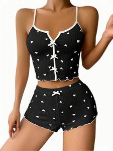 Conjunto de Pijama Casual para Mujer MHK09, Sexy, Ajustado, Transpirable, para Primavera, con Estampado de Corazones, Pantalones Cortos de Poliéster/Algodón - Product Image 5