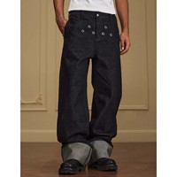 Jeans en denim brut pour homme, ourlet plié, à œillets, fabrication sur mesure OEM Guangzhou, coupe droite, pantalon basique tendance