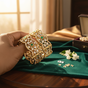 กำไลชุบทองแบบเปิดได้สุดหรูพร้อมลายหินลายจุดและ kundan - Product Image 3