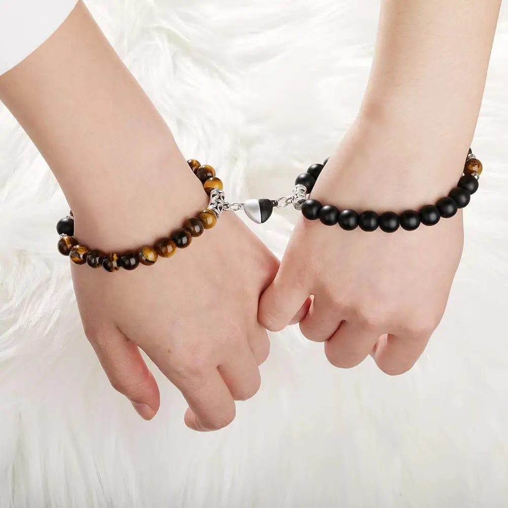 1 Paar mehrfarbige Naturstein perlen Yoga Freundschaft armband für Liebhaber Distanz Magnet Paar Armbänder Männer Frauen Schmuck