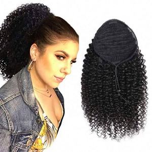 Queue de cheval bouclée style kinky en gros, avec cordon de serrage, 100 % cheveux humains vierges Remy européens, doux, lisses, pliables, noirs - Product Image 1