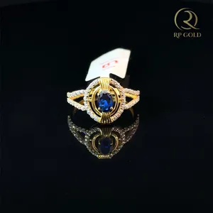 Elegant 18K <b>Gold</b> <b>Cocktail</b> <b>Ring</b> Blue Gemstone Center Sparkling Stones Luxury Modern Jewelry for Women Perfect Wedding Gifting - Product Image 3
