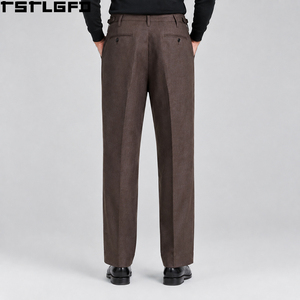 Oem Odm Double Pleated <b>Trousers</b> <b>Men</b> Chocolate Brown Linen Cotton Blend High Waisted <b>Wide</b> <b>Leg</b> Smart Casual Wholesale Bulk - Product Image 3