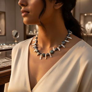 Women's Black & White Pearl <b>Statement</b> <b>Necklace</b> Elegant Jewelry Accessory - Product Image 3