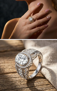 Women's 18K Gold Plated Moissanite Engagement <b>Ring</b> Round Brilliant Cut Pave Setting 925 Silver Romantic Style - Product Image 4