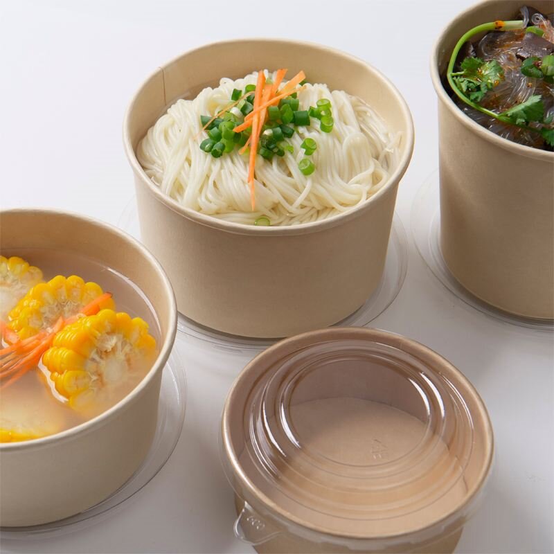 Custom Disposable Food Packing Container Kraft Paper Bowl Soup Cup with Lid for to Go Food Dessert Rice Salad