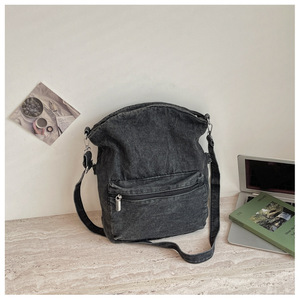 Shallow Indigo Vintage Ribbon Tote <b>Bag</b> for Female <b>College</b> Students-Retro Literary Style Crossbody ZIP Closure Portable Design - Product Image 6