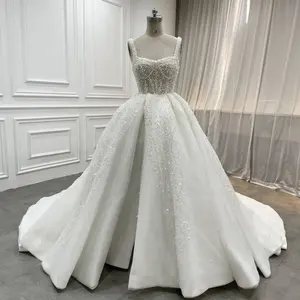 Splendido abito da ballo con perle abito da sposa con scollo quadrato senza maniche senza schiena e perline abiti da sposa con spacco alto