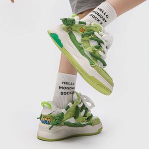 Ladies Low‑Top Sneakers Green White Canvas Raw Edge Deconstructed Double Laces Cartoon Patch Wavy Thick Sole Casual Sneakers - Product Image 2