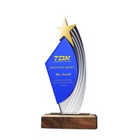 Gold Star Blaue Kristallglas-Trophäe mit Holzsockel MH-LJ0940
