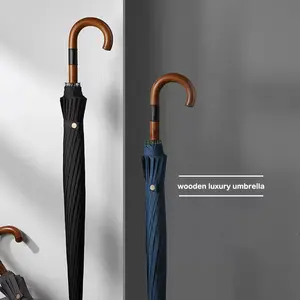 Kaan Wholesale hotel Large Windproof Auto Open Classic Wooden J shape Handle Stick Rain luxury umbrella 16 ribs