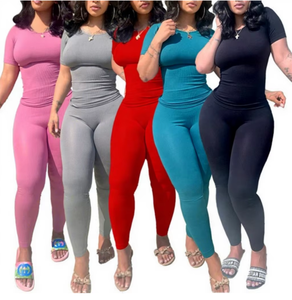 Custom LOGO Lounge Wear Women Clothing 2025 Solid <strong>Knitted</strong> Ribbed Two Piece <strong>Set</strong> Women Short Sleeves Skinny Pant <strong>Set</strong> - Product Image 1