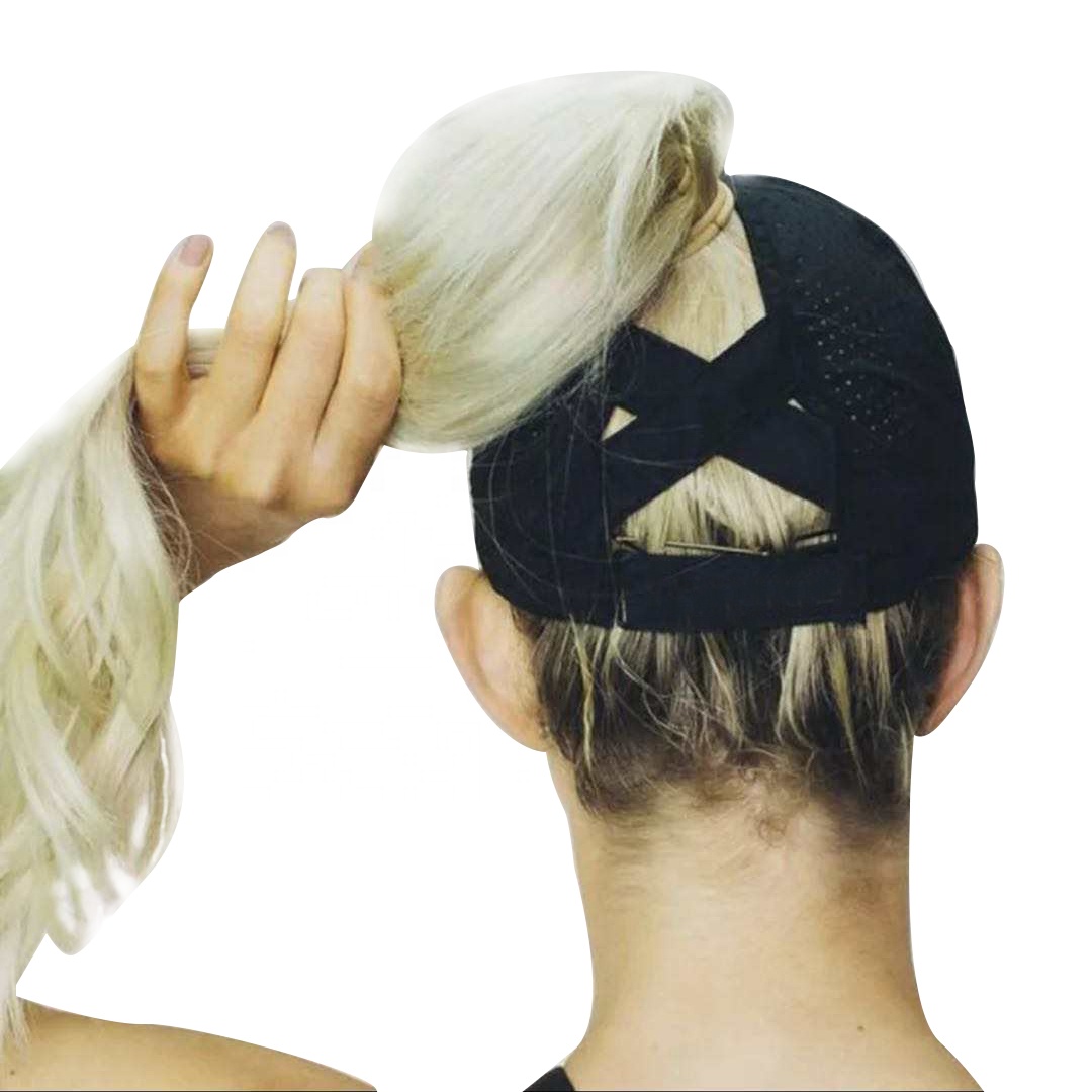 Donna donna alta personalizzata sport spandex X criss cross crisscross coda di cavallo berretti da baseball cappelli con coda di cavallo hair hole holder