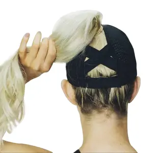 women ladies high custom sports spandex X criss cross crisscross pony tail baseball caps hats with ponytail hair hole holder
