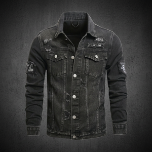 Veste en jean noire pour homme de haute qualité, design unique avec patchwork sur les manches, style streetwear premium, effet usé, 100% HME - Product Image 3