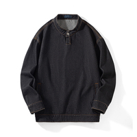 Pull-over décontracté pour homme en denim délavé style vintage avec col montant, inspiré du hip-hop, en coton