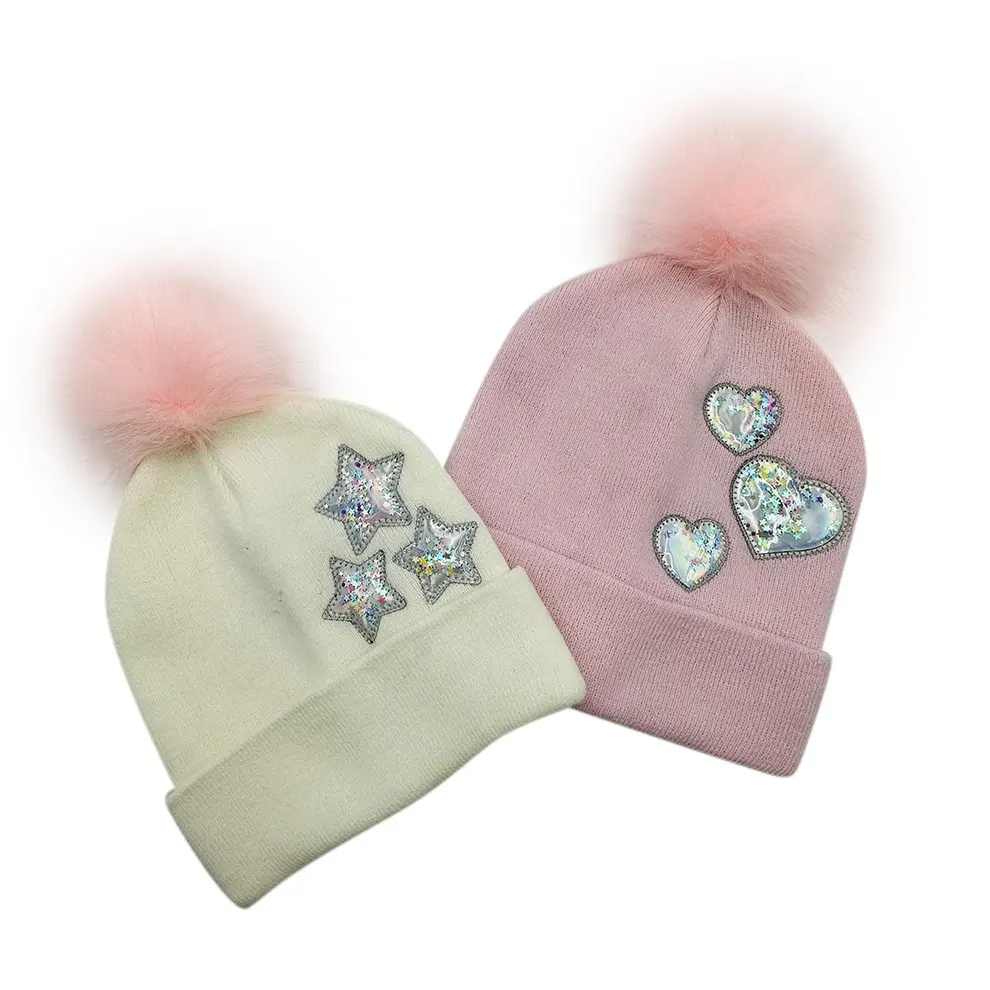 Niños OEM personalizado PU parche Jacquard Beanie sombrero al aire libre con puños lindo Rosa Pom Beanie guante conjunto