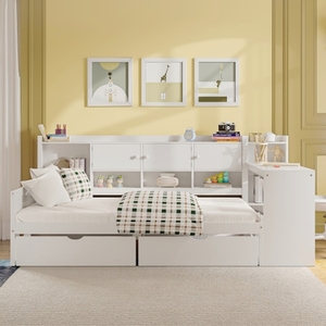 Sofá Cama en Forma de L de Madera con Siete Armarios de Almacenamiento, Dos Cajones de Almacenamiento, Cama Multifuncional con Escritorio y Estantería Integrada - Product Image 2