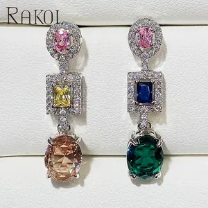 RAKOL ZPE563 boucles d'oreilles pendantes en zircon brillant coloré, bijoux de mode en argent sterling, boucles d'oreilles goutte de mariage