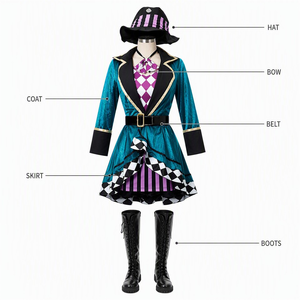 Costume de Chapeur Fou Unisexe : Manteau en Velours Teal, Gilet à Carreaux, Nœud Papillon, Jupe Rayée et Chapeau Haut-de-forme – Style Alice au Pays des Merveilles (Film/TV) - Product Image 2