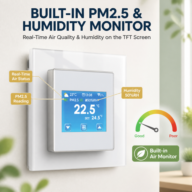 Smart Thermostat with PM2.5 & Humidity Monitor Glass Frame TFT Screen