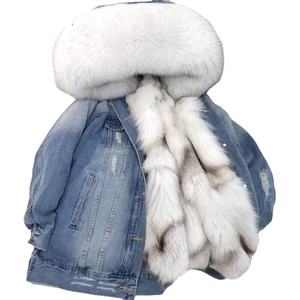 Giubbotto di <span class=keywords><strong>jeans</strong></span> foderato di pelliccia naturale calda donna alla moda da donna <span class=keywords><strong>giacca</strong></span> invernale <span class=keywords><strong>Oversize</strong></span> in pelliccia di volpe per parka - Product Image 1