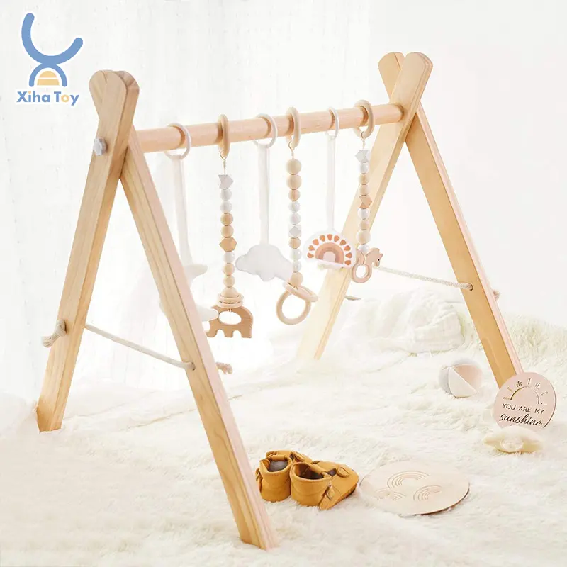 XIHA Foldable Wooden Baby Play Gym Frame Activity Gym with 3 Baby Teething Toys Play Gym Baby Newborn Home Toys Gifts
