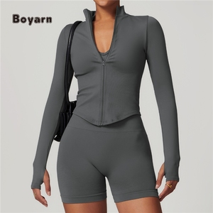 Boyarn femmes sans couture respirant léger Yoga sport veste col montant fermeture éclair manches formation tenue Jogging haut de gymnastique - Product Image 2