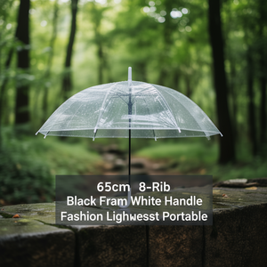 Parapluie transparent 65 cm, 8 baleines, armature noire, poignée blanche, élégant, léger et portable - Product Image 3