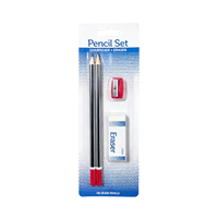 Lot de 4 crayons HB en blister, comprenant 2 crayons à mine noire et rouge, un taille-crayon et une gomme blanche FLOWood pour étudiants