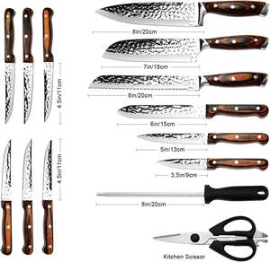 15ピース キッチンナイフギフトセット 木製ブロック付き 自動研磨 ハンマード加工 日本製ステーキ包丁 三徳包丁 パン切り包丁 シェフナイフコレクション - Product Image 4