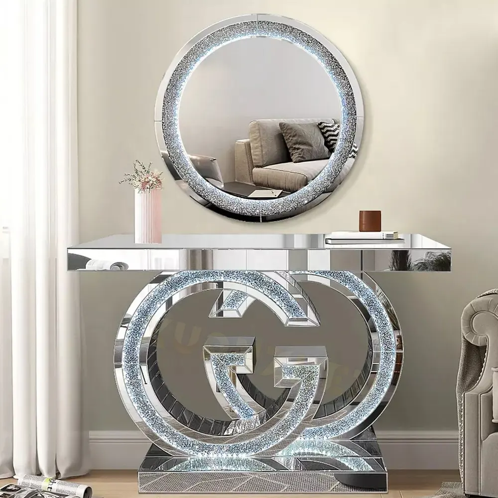 복도 콘솔 테이블 거실 가구 LED 짓 눌린 다이아몬드 고급 미러 콘솔 테이블 현대 콘솔 테이블 거울