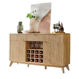 Buffet à panneaux cannelés, 3 tiroirs, 2 portes, étagères réglables, en pin naturel moderne, pour bar à <span class=keywords><strong>vin</strong></span> et café, avec <span class=keywords><strong>porte</strong></span>-verres à <span class=keywords><strong>vin</strong></span> - Product Image 1