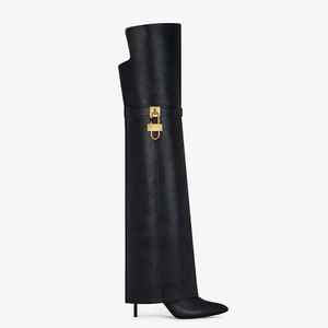 Sepatu <span class=keywords><strong>Boots</strong></span> Wanita Model Metal Shark Lock Setengah Paha Ujung Lancip Sepatu Boot Panjang Model Knight Stiletto Hak Tinggi - Product Image 1