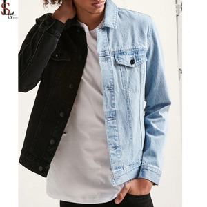 Hot Sale OEM Sevice <b>Mens</b> Half Spliced Blue <b>Black</b> Color Block Patchwork Two-tone Bomber Denim <b>Jeans</b> Jacket for Male - Product Image 3