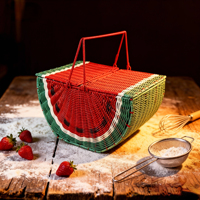 Fabricant de gros panier de pique-nique tissé à la main Rectangle pastèque PE rotin tissé coloré panier de rangement poignée pivotante couvercle